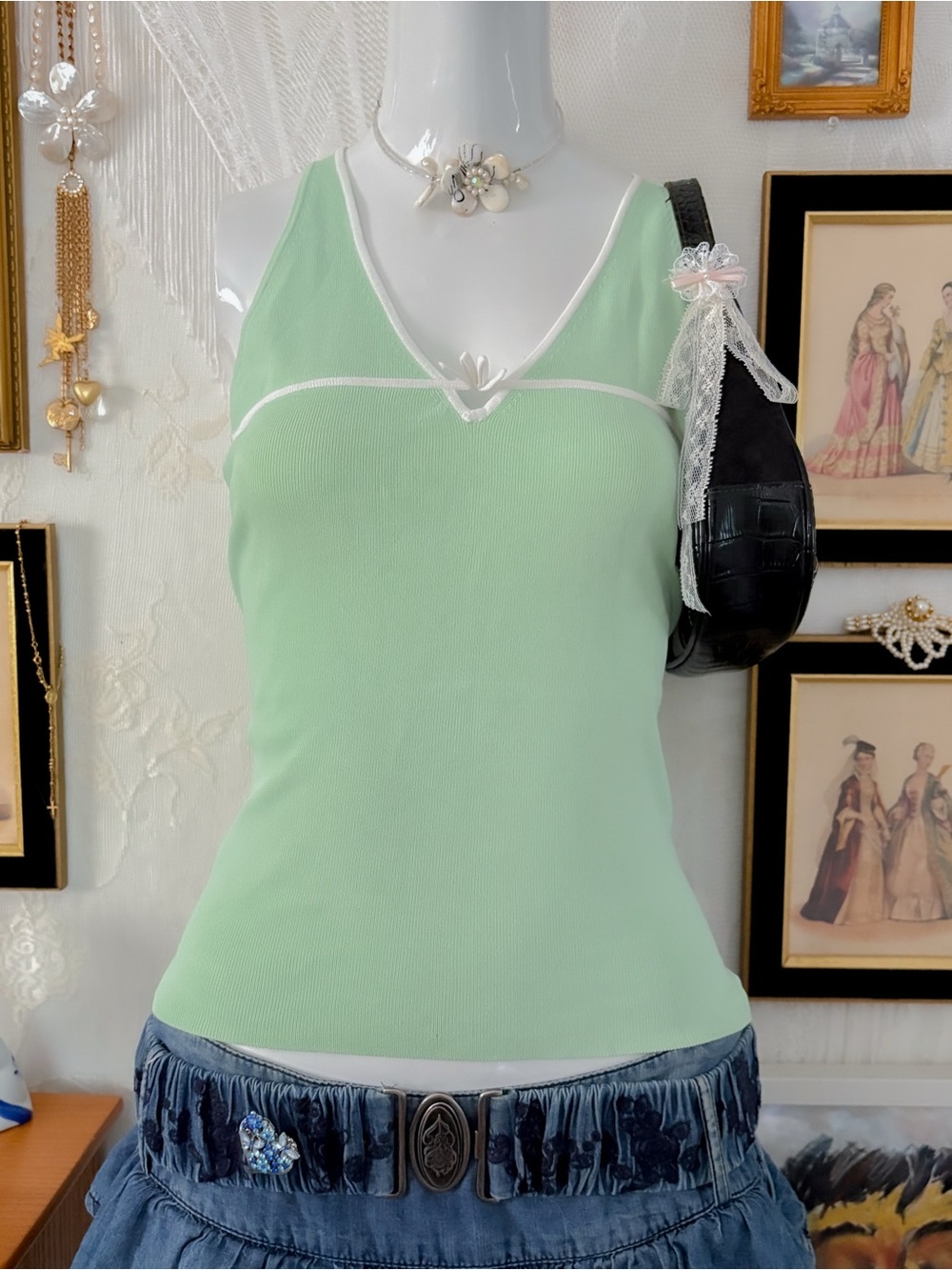 Preppy y2k coastal casual girly white trim pastel green sleeveless blouse